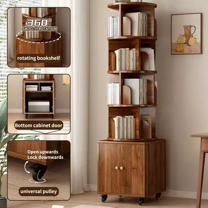 Étagère tournante à 360 degrés, bibliothèque d'angle à 5 niveaux avec tiroir pour petits espaces, meuble de rangement vertical en bois, organisateur étroit