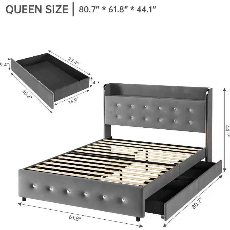 Cadre de lit Queen, avec étagères et station de recharge, 4 tiroirs de rangement, support en bois robuste et silencieux, pas besoin de sommier, gris