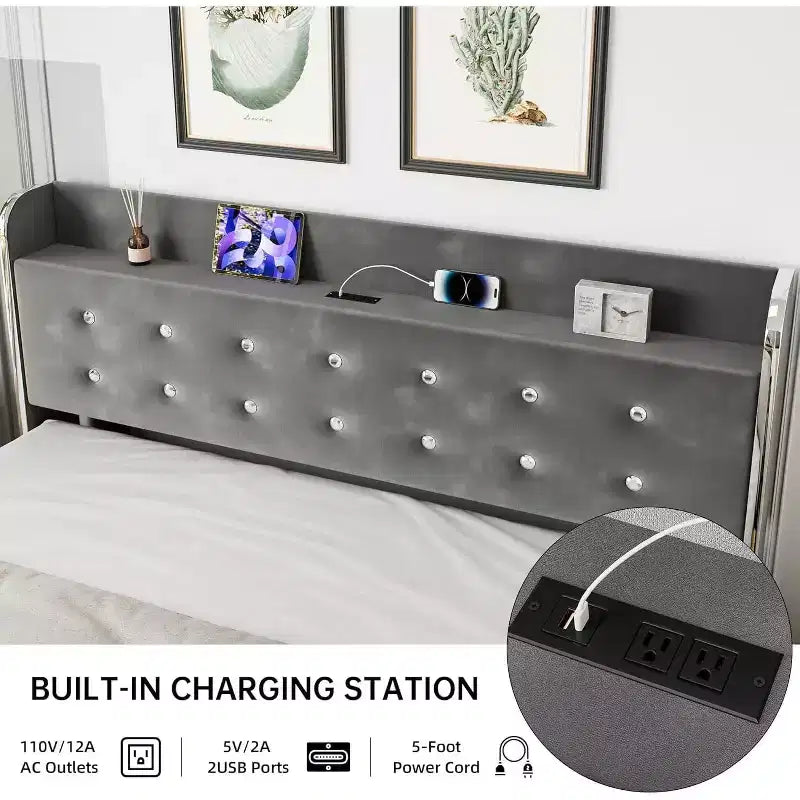 Cadre de lit Queen, avec étagères et station de recharge, 4 tiroirs de rangement, support en bois robuste et silencieux, pas besoin de sommier, gris