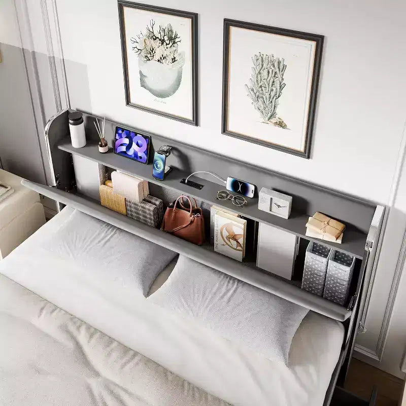 Cadre de lit Queen, avec étagères et station de recharge, 4 tiroirs de rangement, support en bois robuste et silencieux, pas besoin de sommier, gris