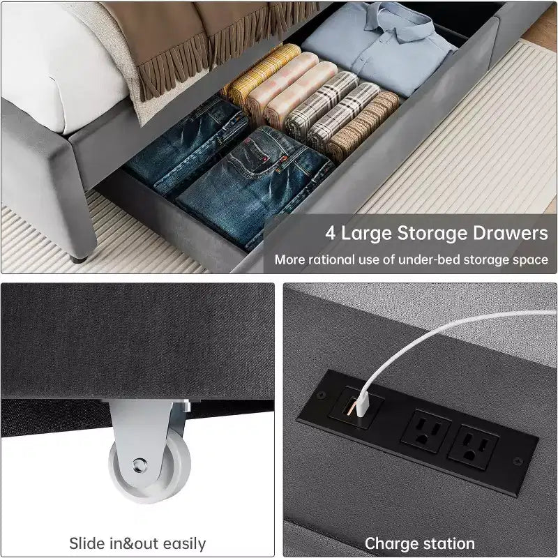 Cadre de lit Queen, avec étagères et station de recharge, 4 tiroirs de rangement, support en bois robuste et silencieux, pas besoin de sommier, gris
