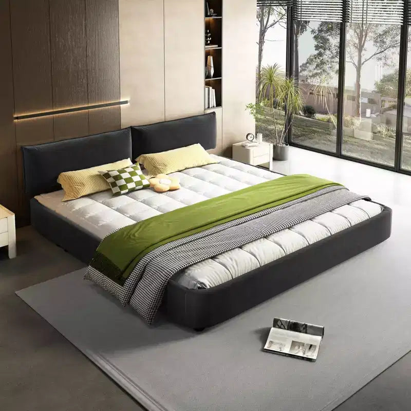 Cadre de lit King Size Cloud avec tête de lit mobile rembourrée surdimensionnée, coins arrondis, cadre métallique et lattes en bois massif, double support, gris foncé