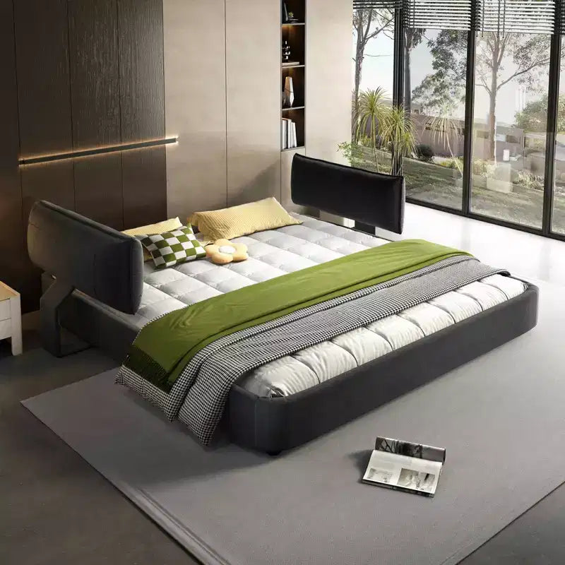 Cadre de lit King Size Cloud avec tête de lit mobile rembourrée surdimensionnée, coins arrondis, cadre métallique et lattes en bois massif, double support, gris foncé