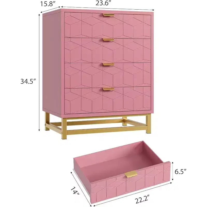 Commode rose pour chambre à coucher, commode en bois à 4 tiroirs avec poignées dorées, commodes de rangement modernes pour couloir, entrée