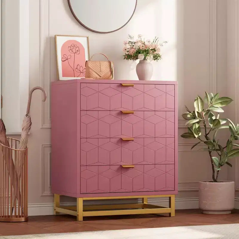 Commode rose pour chambre à coucher, commode en bois à 4 tiroirs avec poignées dorées, commodes de rangement modernes pour couloir, entrée