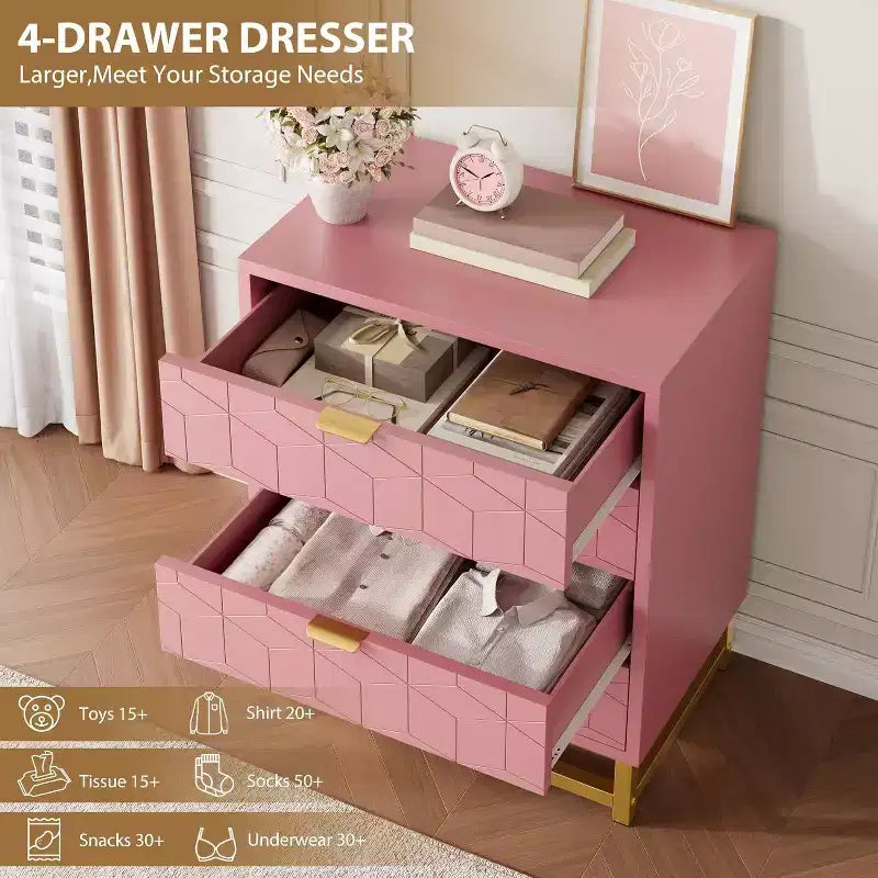 Commode rose pour chambre à coucher, commode en bois à 4 tiroirs avec poignées dorées, commodes de rangement modernes pour couloir, entrée