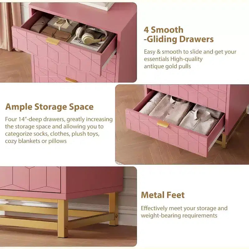 Commode rose pour chambre à coucher, commode en bois à 4 tiroirs avec poignées dorées, commodes de rangement modernes pour couloir, entrée