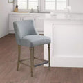 Tabouret de bar rembourré hauteur comptoir, assise carrée bleue, pieds en bois, tissu polyester