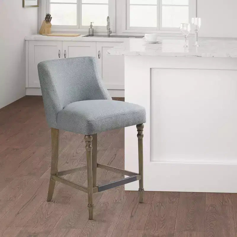 Tabouret de bar rembourré hauteur comptoir, assise carrée bleue, pieds en bois, tissu polyester