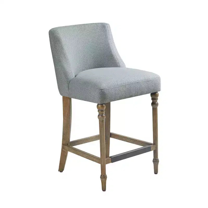 Tabouret de bar rembourré hauteur comptoir, assise carrée bleue, pieds en bois, tissu polyester