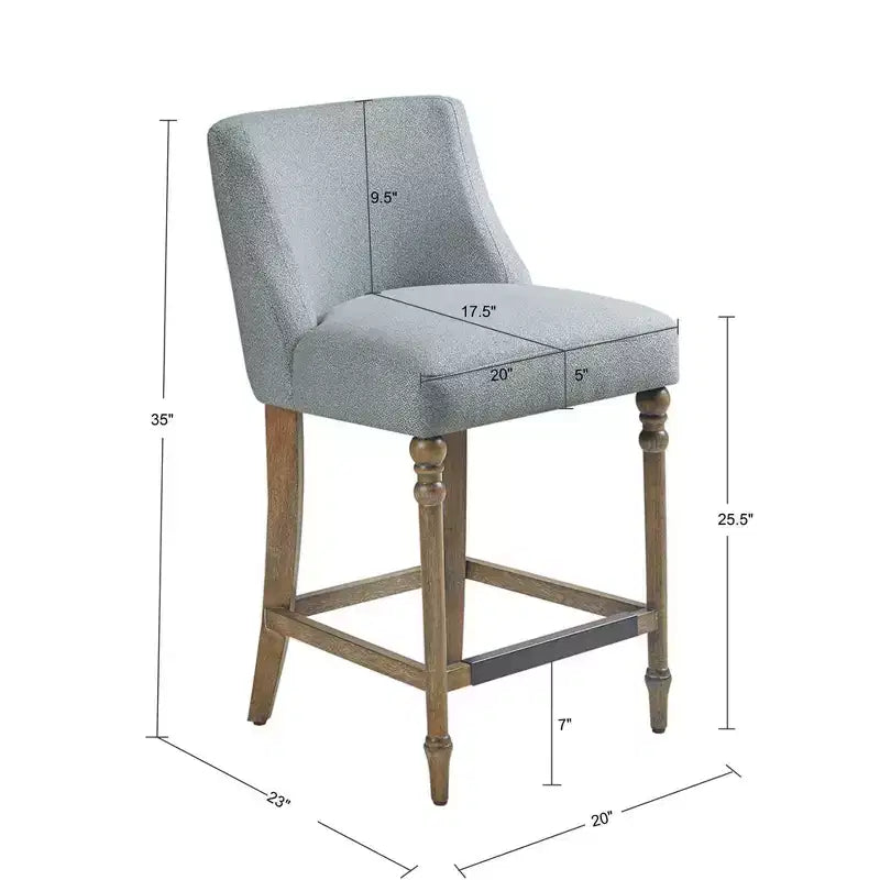 Tabouret de bar rembourré hauteur comptoir, assise carrée bleue, pieds en bois, tissu polyester