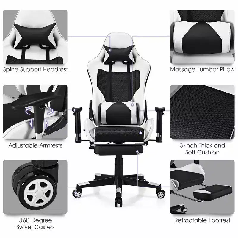 Fauteuil de massage gamer inclinable de bureau avec repose-pieds blanc
