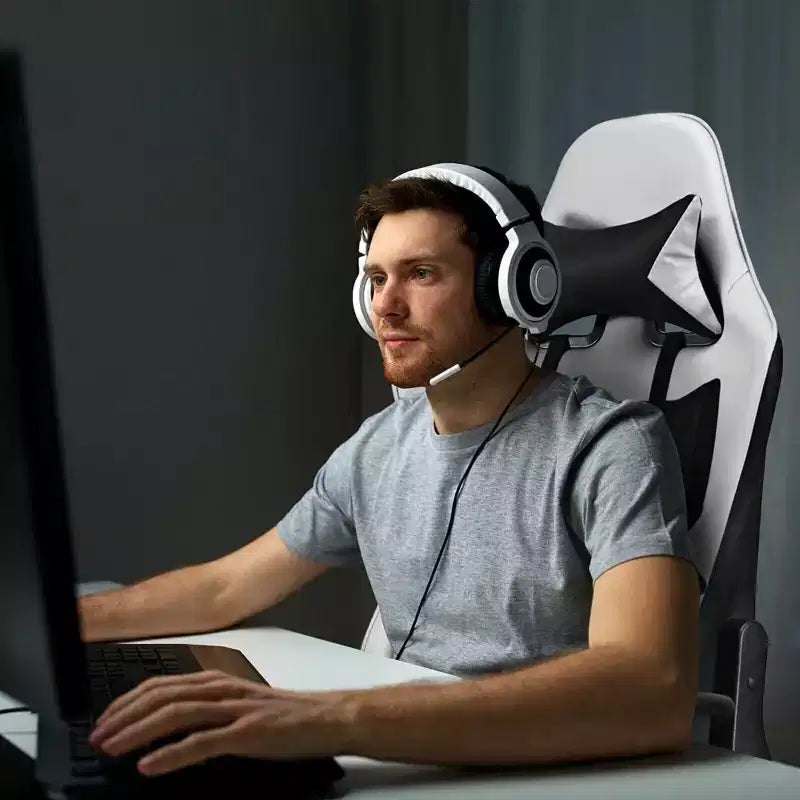 Fauteuil de massage gamer inclinable de bureau avec repose-pieds blanc