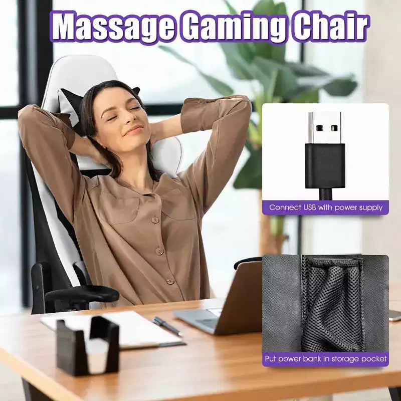 Fauteuil de massage gamer inclinable de bureau avec repose-pieds blanc