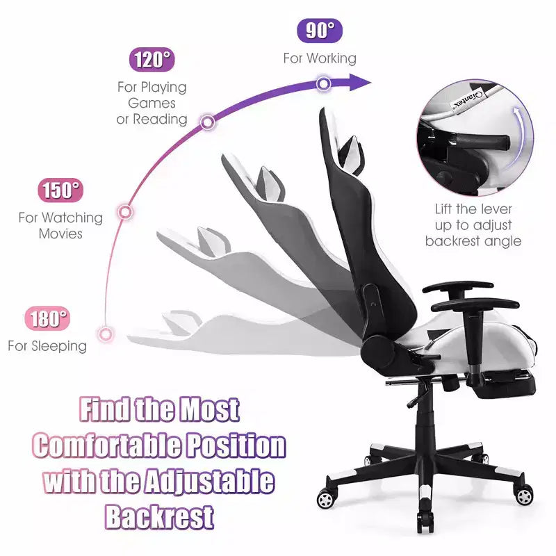 Fauteuil de massage gamer inclinable de bureau avec repose-pieds blanc