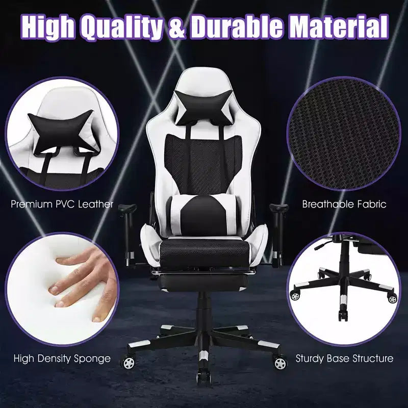 Fauteuil de massage gamer inclinable de bureau avec repose-pieds blanc