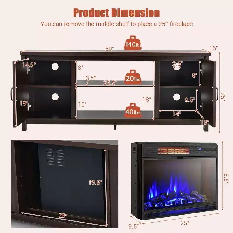 Meuble TV avec cheminée électrique 25 pouces 1350 W et télécommande