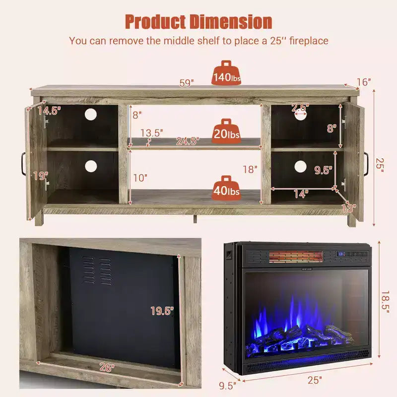 Meuble TV avec cheminée électrique 25 pouces 1350 W et télécommande