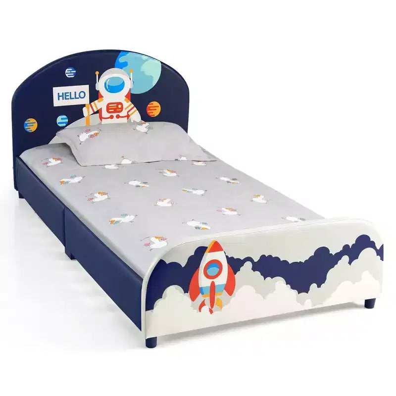 Lit Plateforme capitonné pour enfants Lit simple en bois pour enfants Motif Astronaute