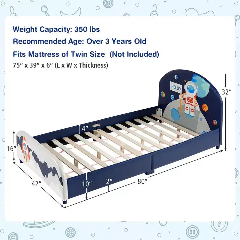 Lit Plateforme capitonné pour enfants Lit simple en bois pour enfants Motif Astronaute