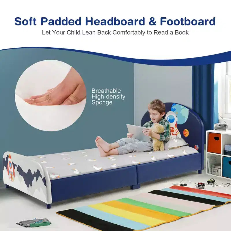 Lit Plateforme capitonné pour enfants Lit simple en bois pour enfants Motif Astronaute