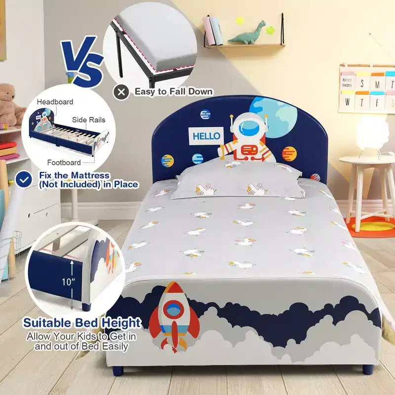 Lit Plateforme capitonné pour enfants Lit simple en bois pour enfants Motif Astronaute