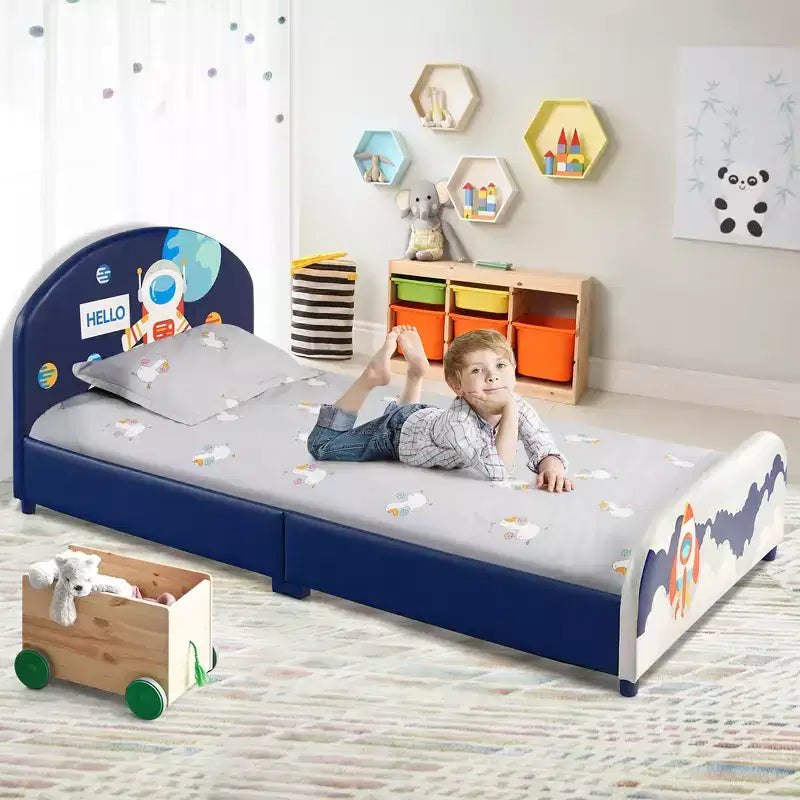 Lit Plateforme capitonné pour enfants Lit simple en bois pour enfants Motif Astronaute